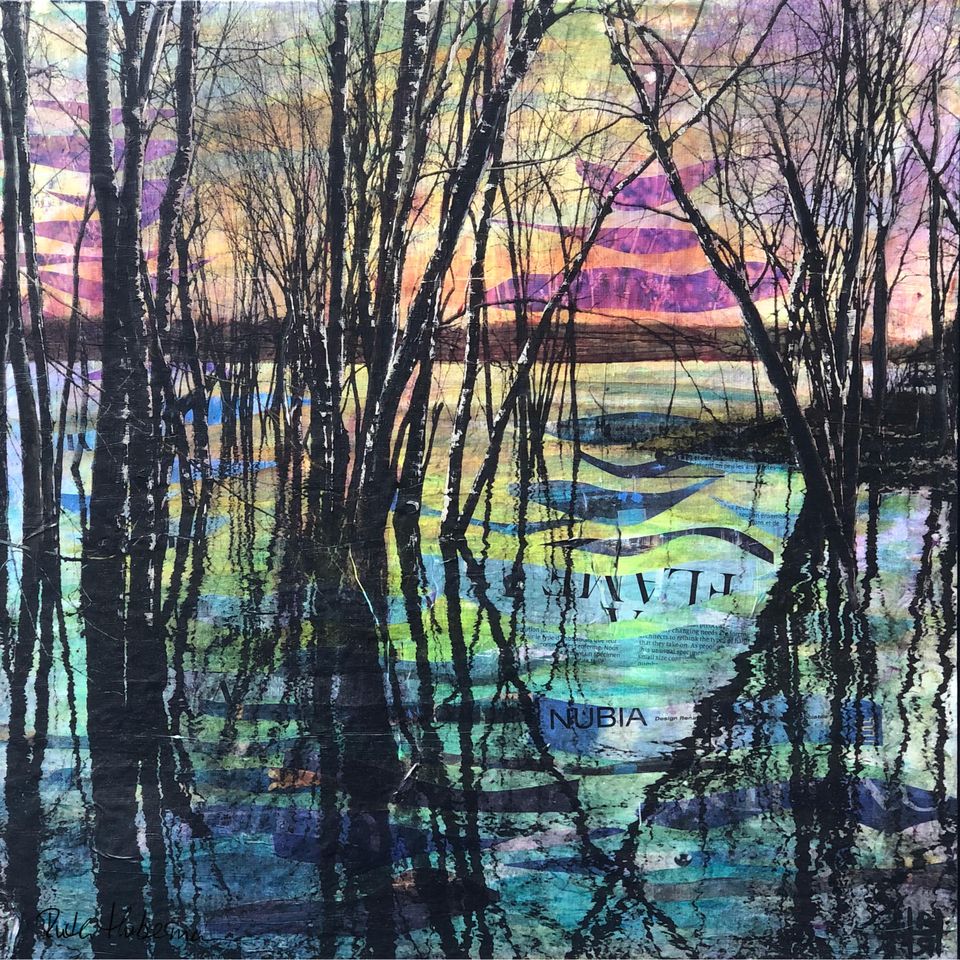 The Whisper on the Water — mixed media painting of bare trees reflected in still water beneath a dusk sky